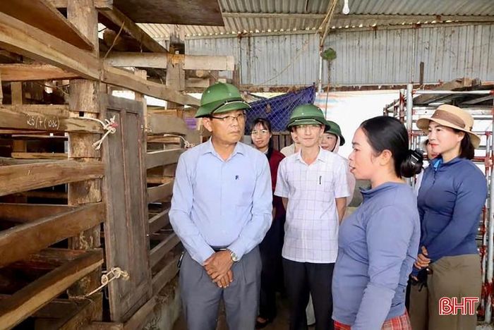 Lãnh đạo địa phương tham quan, khảo sát mô hình nuôi hươu của gia đình chị Sen.