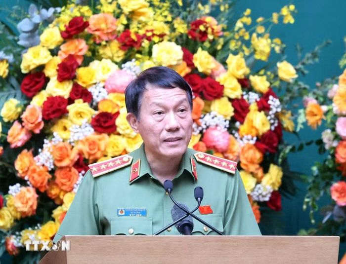 Đại tướng Lương Tam Quang, Ủy viên Bộ Chính trị, Bí thư Đảng ủy Công an Trung ương, Bộ trưởng Bộ Công an phát biểu. (Ảnh: Thống Nhất/TTXVN)