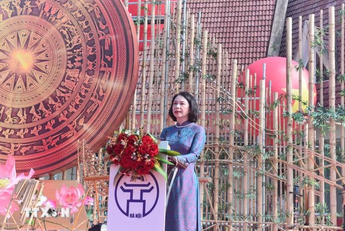 Phó Chủ tịch UBND thành phố Hà Nội Vũ Thu Hà phát biểu tại Lễ phát động hưởng ứng “Ngày Văn hóa Việt Nam” tại Hà Nội năm 2026. (Ảnh: Tuyết Mai/TTXVN)