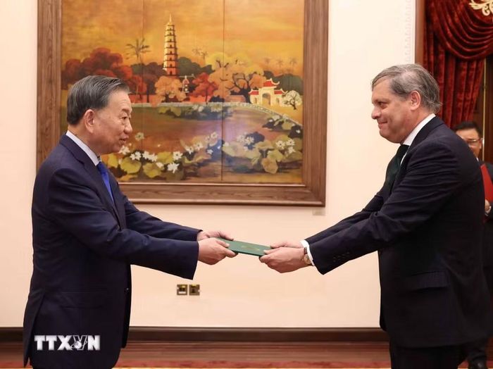 Tổng Bí thư, Chủ tịch nước Tô Lâm tiếp Đại sứ Brazil Marcelo Paz Saraiva Camara. (Ảnh: Thống Nhất/TTXVN)