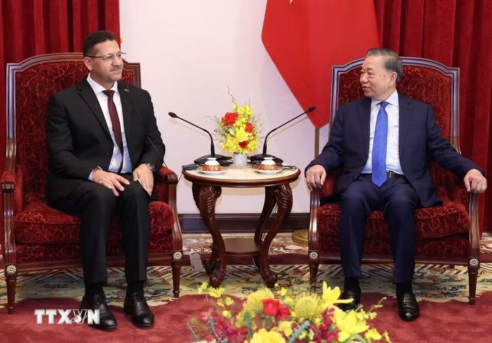 Tổng Bí thư, Chủ tịch nước Tô Lâm tiếp Đại sứ Palestine Shadi Abu Zarqa. (Ảnh: Thống Nhất/TTXVN)