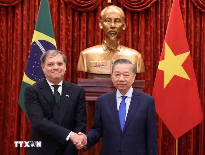 Tổng Bí thư, Chủ tịch nước Tô Lâm tiếp Đại sứ Brazil Marcelo Paz Saraiva Camara. (Ảnh: Thống Nhất/TTXVN)