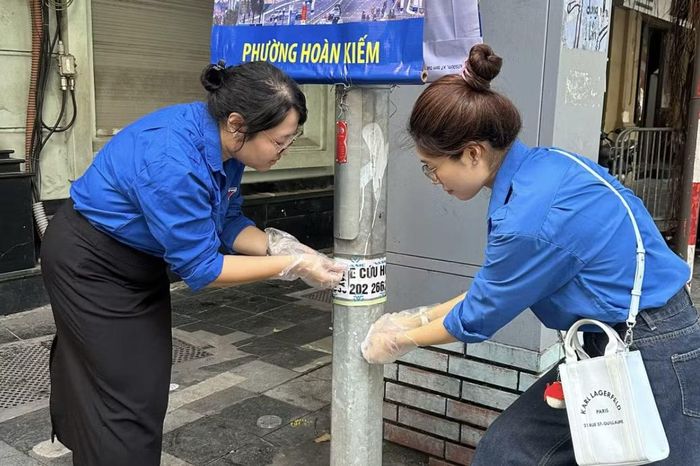 Lực lượng thanh niên phường Hoàn Kiếm xóa quảng cáo, rao vặt trên cột đèn.
