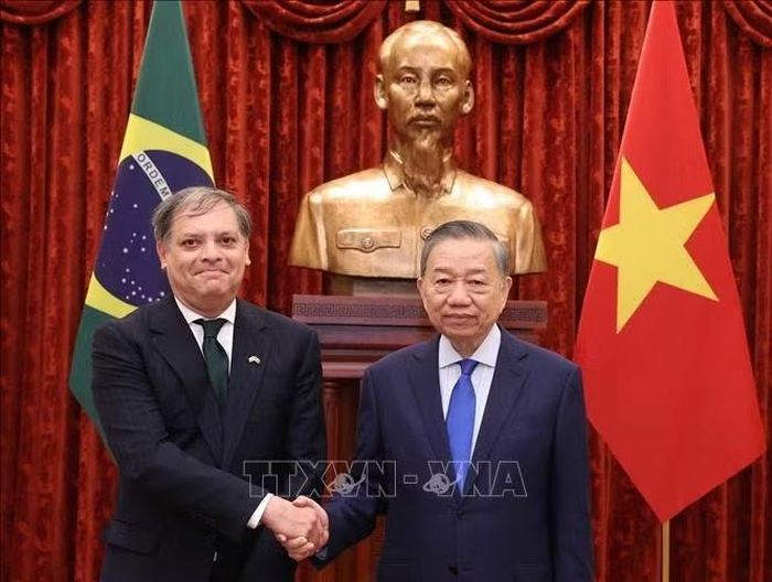 Tổng Bí thư, Chủ tịch nước Tô Lâm tiếp Đại sứ Brazil Marcelo Paz Saraiva Camara. Ảnh: Thống Nhất/TTXVN