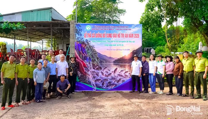 Các cán bộ và nhân viên Khu Bảo tồn thiên nhiên - văn hóa Đồng Nai tham gia chương trình thả cá xuống hồ Trị An.