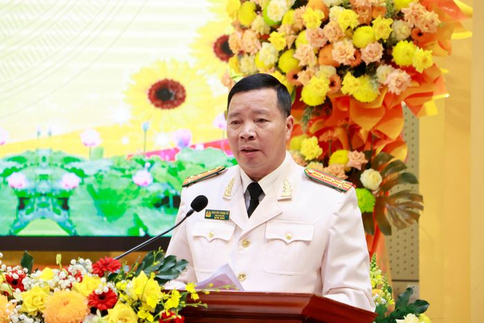 Đại tá Nguyễn Trường Vũ, Phó Giám đốc Công an tỉnh phát biểu tại buổi lễ