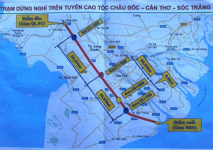 Sơ đồ các trạm dừng chân trên tuyến cao tốc Châu Đốc - Cần Thơ - Sóc Trăng.