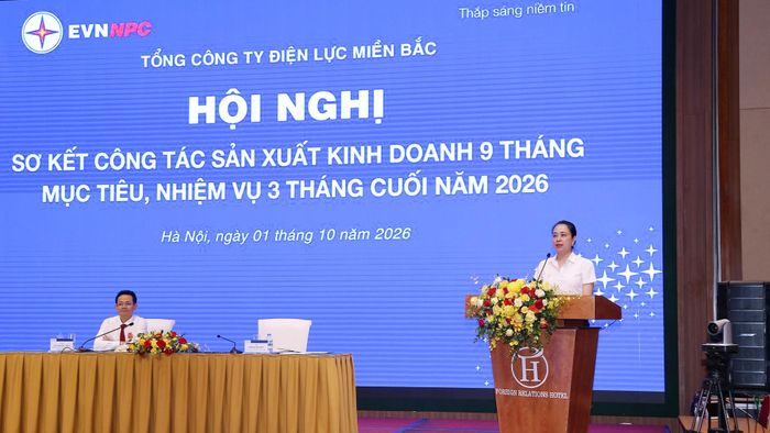 Bà Đỗ Nguyệt Ánh, Bí thư Đảng ủy, Chủ tịch HĐTV EVNNPC phát biểu chỉ đạo Hội nghị. Ảnh NPC