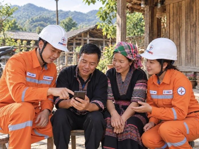 Cán bộ, công nhân viên Điện lực Phù Yên_Bắc Yên, Công ty Điện lực Sơn La hướng dẫn khách hàng sử dụng ứng dụng EVN CSKH và tiếp cận các dịch vụ điện trực tuyến thuận tiện, an toàn. Ảnh NPC