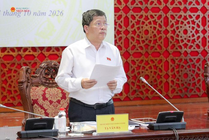 Phó Chủ nhiệm Ủy ban Văn hóa và Xã hội Tạ Văn Hạ trình bày dự thảo báo cáo thẩm tra dự án luật. Ảnh: Hồ Long