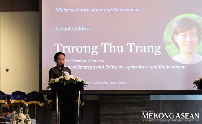 TS Trương Thị Thu Trang, Phó Viện trưởng Viện Chiến lược, Chính sách Nông nghiệp và Môi trường (Bộ Nông nghiệp và Môi trường) phát biểu tại sự kiện. Ảnh: Thu Thảo/Mekong ASEAN.