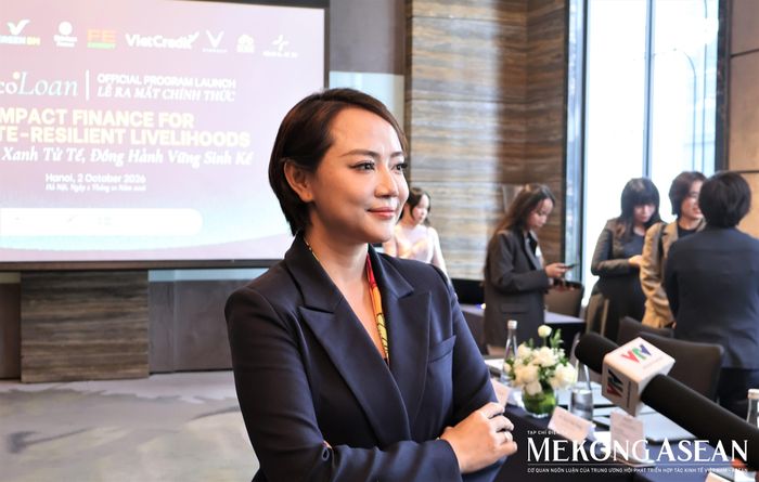 Bà Trần Thanh Thủy, Phó Tổng giám đốc Vận hành Hai bánh và Giao hàng Toàn cầu Green SM chia sẻ với báo chí sau sự kiện. Ảnh: Thu Thảo/Mekong ASEAN.