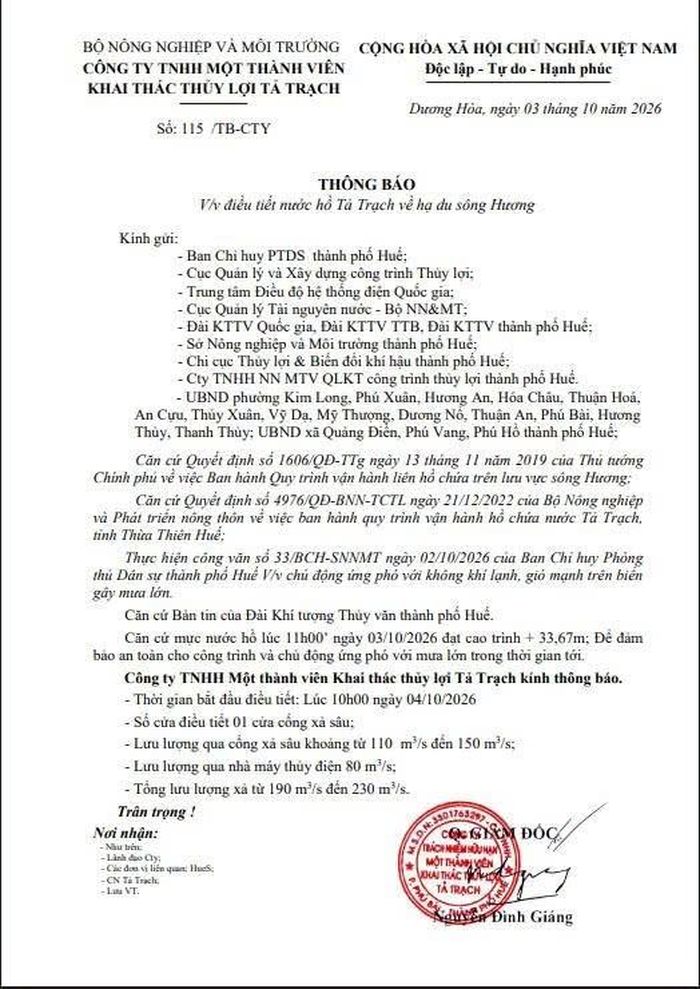 Thông báo số 115/TB-CTY ngày 3/10/2026 của Công ty TNHH Một thành viên Khai thác thủy lợi Tả Trạch