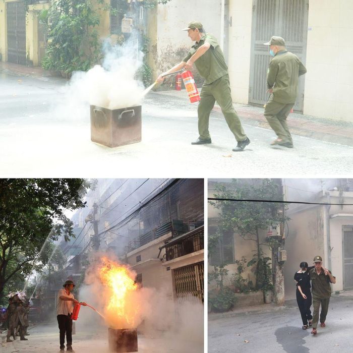Các lực lượng tham gia diễn tập phương án chữa cháy, cứu nạn, cứu hộ tại khu vực Nhà tập thể D2, phường Thanh Xuân. Ảnh: Tùng Lâm