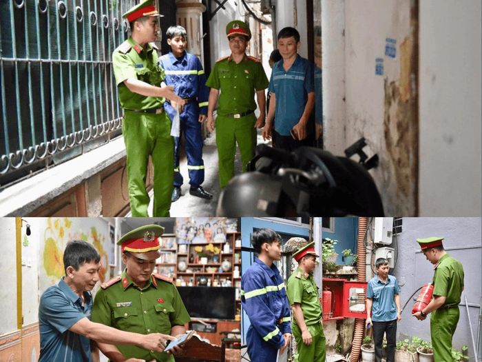 lực lượng Cảnh sát PCCC và CNCH khảo sát, thu thập thông tin về giao thông, nguồn nước trong ngõ sâu, ướng dẫn người dân sử dụng bình chữa cháy được trang bị tại các hộp họng nước chữa cháy... Ảnh PV