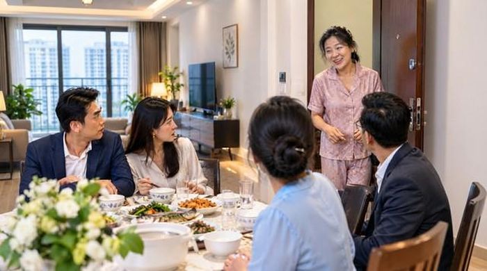 Bữa cơm tiếp khách của gia đình tôi bị phá vỡ khi người hàng xóm sát vách bất ngờ bước vào. Ảnh minh hoạ AI