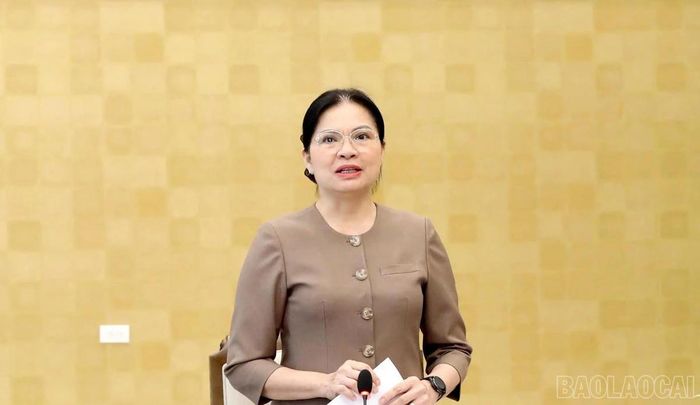 Bà Hà Thị Nga, Ủy viên Ban Chấp hành Trung ương Đảng, Phó Chủ tịch - Tổng Thư ký Ủy ban Trung ương MTTQ Việt Nam phát biểu tại buổi làm việc. Ảnh: Báo Lào Cai.