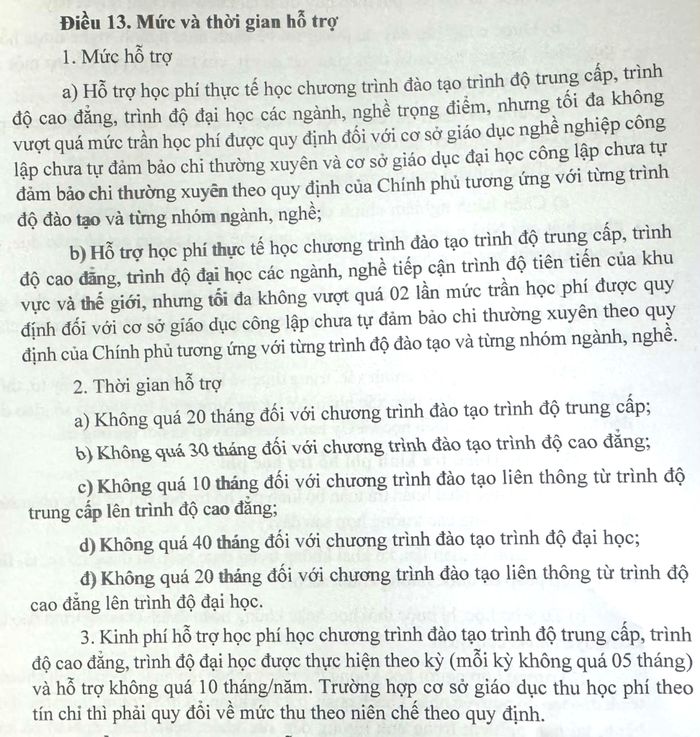  Mức hỗ trợ và thời gian hỗ trợ kinh phí trong dự thảo - Ảnh: THANH HÙNG 