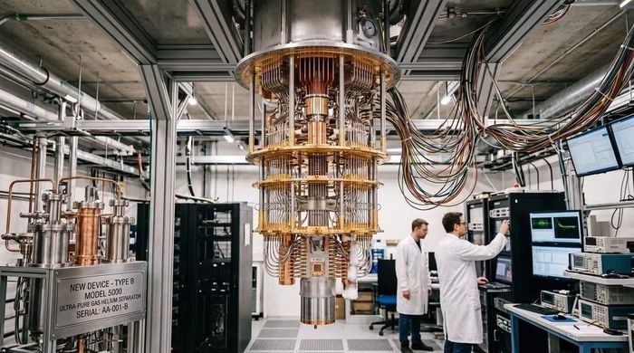 Hệ thống cryostat/helium siêu lỏng minh họa môi trường nhiệt độ cực thấp cần thiết cho công nghệ.