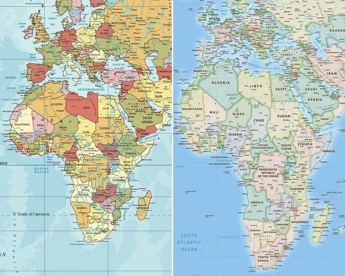 Châu Phi trên bản đồ thế giới truyền thống theo phép chiếu Mercator (trái) và trên bản đồ Equal Earth năm 2018 (phải). Ảnh: Equal Earth.