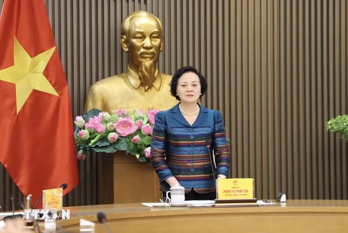 Bí thư Trung ương Đảng, Phó Thủ tướng Phạm Thị Thanh Trà, Trưởng Ban Chỉ đạo quốc gia về tìm kiếm, quy tập và xác định danh tính hài cốt liệt sỹ phát biểu. (Ảnh: TTXVN)