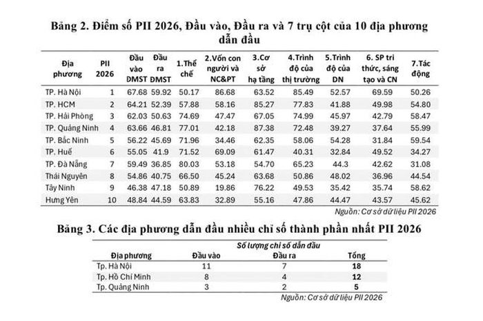 Điểm số PII, đầu vào, đầu ra và 7 trụ cột của 10 địa phương dẫn đầu (Ảnh chụp màn hình).