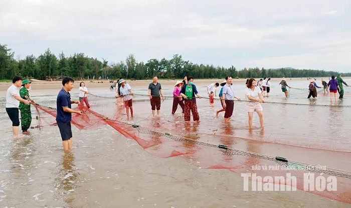 Du khách cùng ngư dân kéo lưới tại biển Hải Hòa.