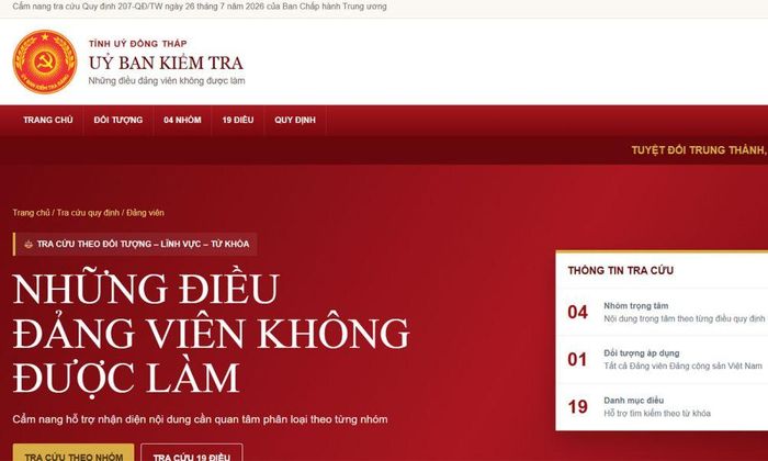 Giao diện "Cẩm nang số" những điều đảng viên không được làm.