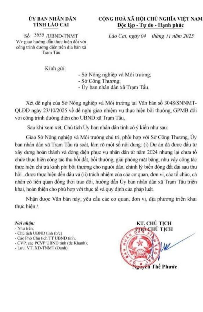 Công văn của UBND tỉnh giao các ngành chức năng phối hợp, hướng dẫn chính quyền địa phương thực hiện bồi thường, giải phóng mặt bằng cho người dân bị ảnh hưởng tại xã Trạm Tấu.