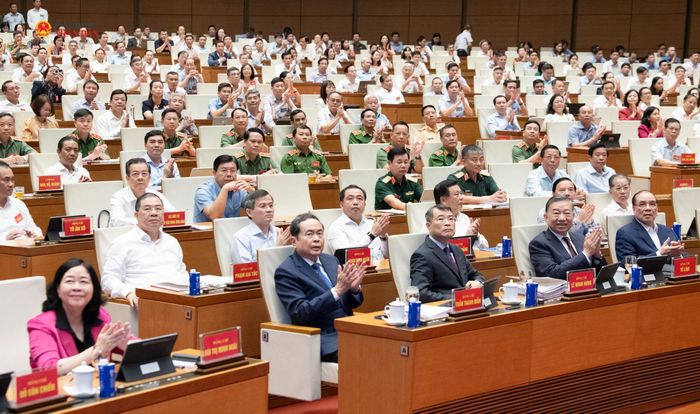 Tổng Bí thư, Chủ tịch Nước Tô Lâm, Thủ tướng Lê Minh Hưng, Chủ tịch Quốc hội Trần Thanh Mẫn dự Hội nghị toàn quốc nghiên cứu, học tập, quán triệt và triển khai thực hiện một số Nghị quyết, Chỉ thị của Bộ Chính trị diễn ra sáng 3/9/2026. Ảnh: Lâm Hiển
