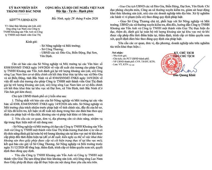 Công văn về việc khai thác khoáng sản (cát, sỏi) lòng sông Lục Nam của Công ty TNHH Khoáng sản Yến Anh và Công ty TNHH một thành viên Giai Thị.