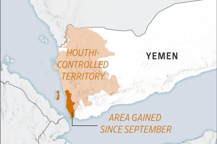 Bản đồ chiến sự Yemen, trong đó, phần màu nâu đậm là khu vực Houthi giành được tháng 9/2026. Đồ họa: WSJ