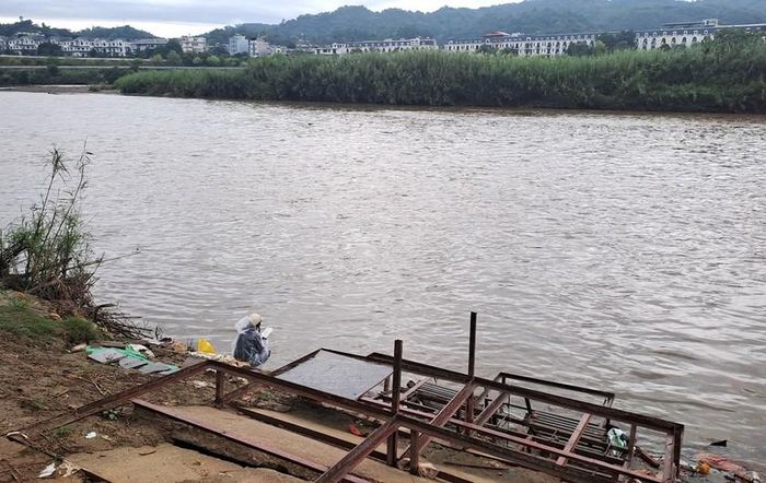 Vị trí thuyền chở cây sang bãi Soi Tiền ở giữa sông Hồng. Ảnh: Quốc Hồng