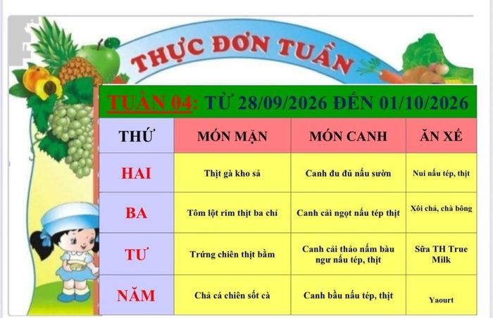 Thực đơn bữa ăn bán trú của học sinh tiểu học được xây dựng theo từng ngày, bảo đảm phù hợp với lứa tuổi. Ảnh minh hoạ.