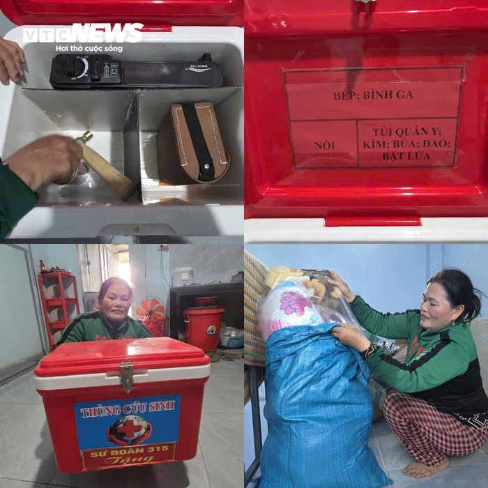 Chị Lê Thị Kim Đơn (48 tuổi) cẩn thận kiểm tra chiếc thùng cứu sinh được bộ đội Quân khu 5 tặng, chị Đơn cho biết bên trong vẫn còn đèn pin, bếp lửa, thuốc men và các vật dụng thiết yếu được chia thành từng ngăn. “Nhà tôi giữ rất kỹ. Lỡ nước lên nhanh như năm ngoái thì lấy ra là dùng được ngay. Đồ cần thiết bỏ chung một chỗ nên lúc có chuyện rất tiện”, chị Đơn nói.