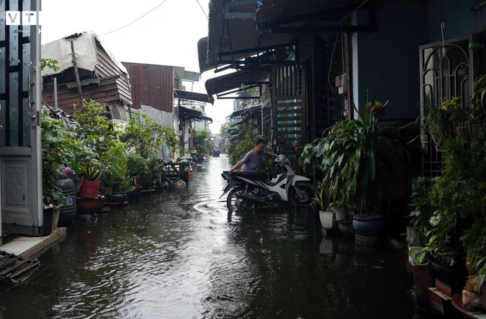 Bà Trần Thị Thu cho biết những ngày qua, gia đình phải tạm gác công việc để ở nhà trông đồ đạc mỗi khi nước dâng. “Hổm rày thấy nước ngập hoài không rút nên tôi xin nghỉ làm ở nhà để còn canh chừng, bê đồ đạc lên cao mỗi khi nước dâng. Nước ngập tầng trệt cả tuần khiến gia đình không nấu ăn được. Nhà vệ sinh phía dưới cũng bị nước đẩy từ bồn cầu lên nên cả nhà phải leo lên lầu ở”, bà Thu kể.