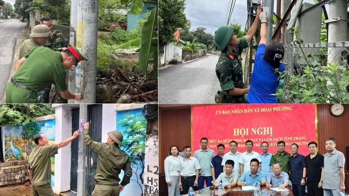Lực lượng Công an, Quân sự và các tổ chức đoàn thể xã Đoài Phương (Hà Nội) phối hợp bóc gỡ quảng cáo trái phép và ký cam kết không để tái diễn vi phạm.