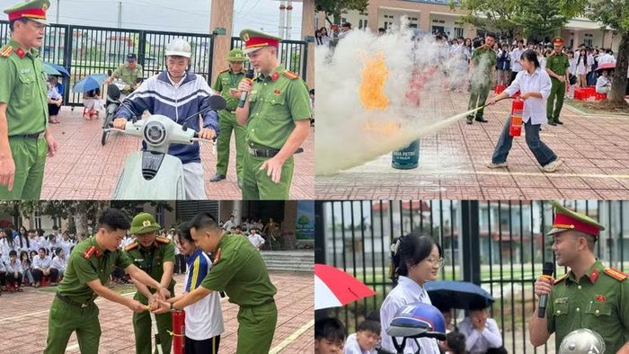 Cán bộ Công an xã Ứng Hòa hướng dẫn học sinh thao tác dập tắt đám cháy bình gas giả định, điều khiển xe máy điện an toàn và tương tác tuyên truyền phòng chống tội phạm mạng.