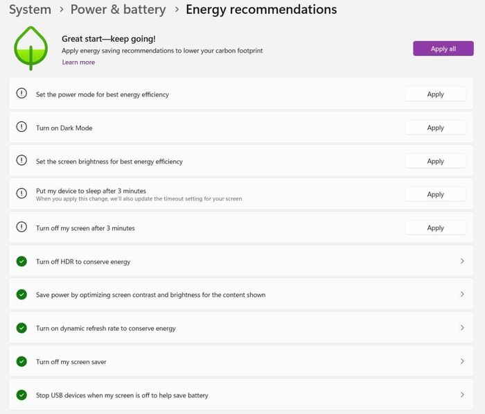  Các thiết lập trong phần Energy Recommendations. Ảnh: PCWorld.