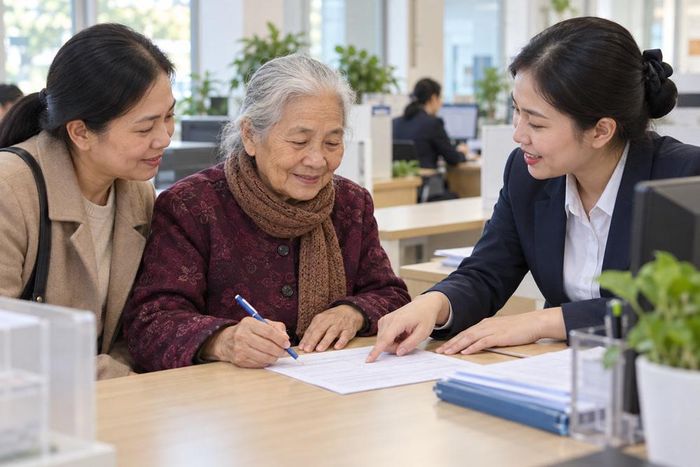 Người cao tuổi được hướng dẫn hoàn thiện hồ sơ tại cơ quan hành chính. Ảnh minh họa: AI