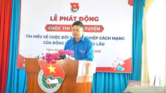 Đồng chí Lê Hoàng Quyết, Bí thư Tỉnh đoàn Đồng Tháp, Trưởng Ban tổ chức cuộc thi phát biểu tại lễ phát động. (Ảnh: HỮU NGHĨA)