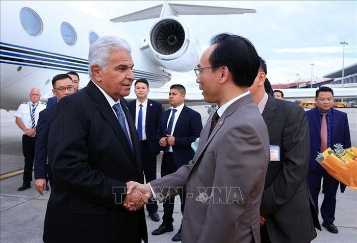  Bộ trưởng Bộ Giáo dục và Đào tạo Hoàng Minh Sơn đón Tổng thống nước Cộng hòa Panama José Raúl Mulino và phu nhân tại sân bay quốc tế Nội Bài. Ảnh: TTXVN 