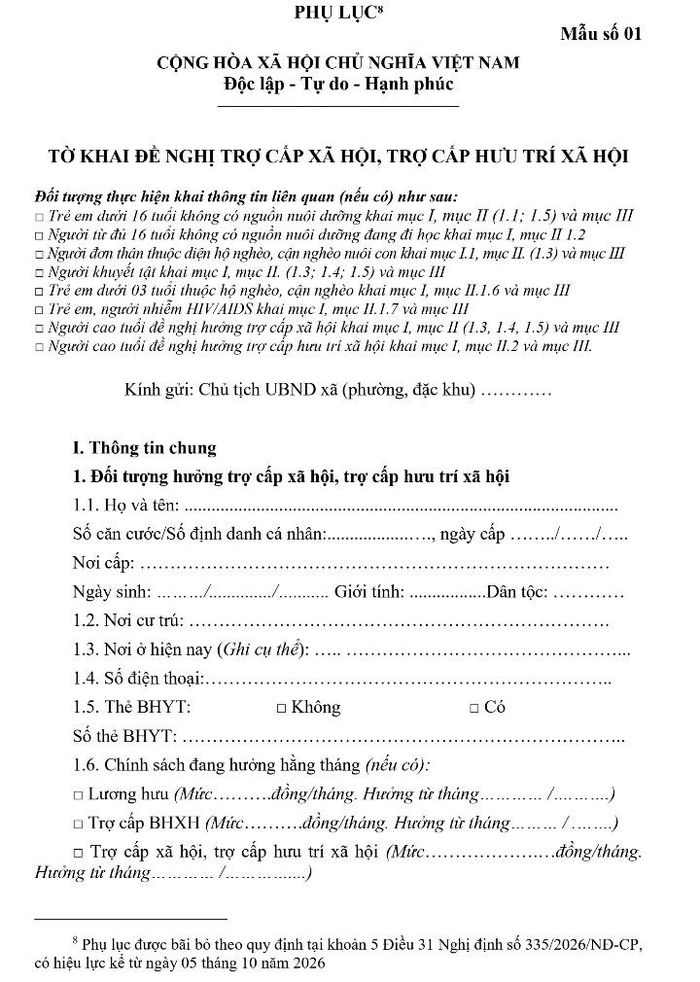 Mẫu số 01 - Tờ khai đề nghị trợ cấp xã hội, trợ cấp hưu trí xã hội. Ảnh: Chụp màn hình