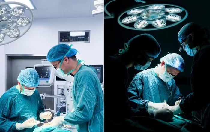 PGS.TS Nguyễn Xuân Thực và ThS. Hoàng Tuấn Hiệp thực hiện ca phẫu thuật cắt khối u cho cụ bà. Bệnh viện Bạch Mai