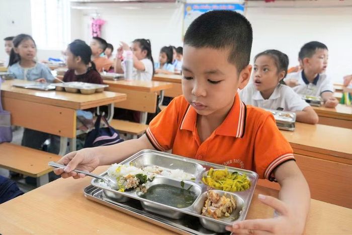 Suất ăn bán trú của học sinh Trường Tiểu học Hà Huy Tập 2 (Vinh Phú, Nghệ An). Ảnh: Hồ Lài