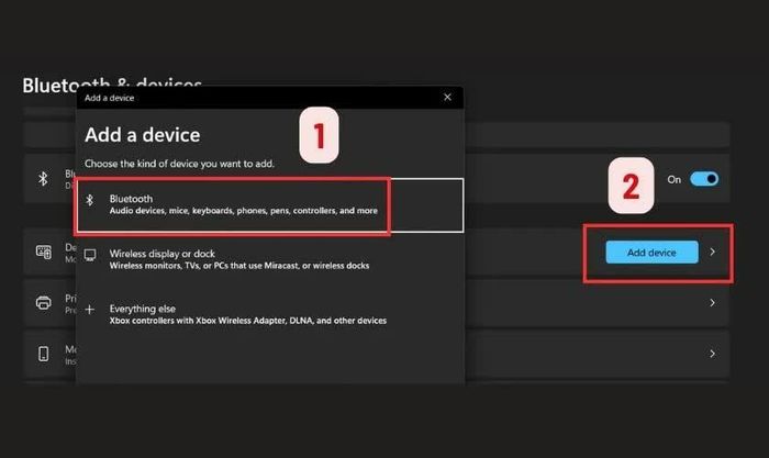 Trên laptop, chọn Add device → Bluetooth.