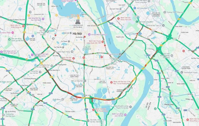 Tình trạng giao thông Hà Nội sáng 5/10 hiển thị trên bản đồ. Ảnh: Google Maps