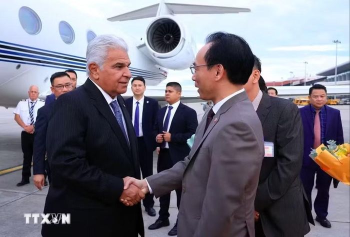 Bộ trưởng GD&ĐT Hoàng Minh Sơn đón Tổng thống Panama và Phu nhân tại sân bay Nội Bài. Ảnh: TTXVN