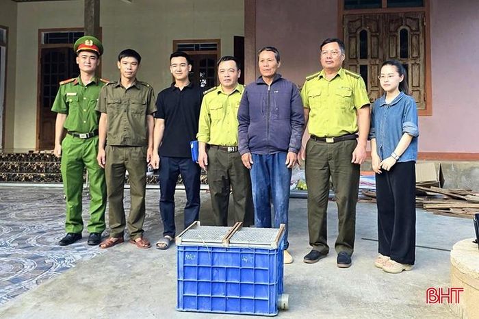 Ông Trần Đình Chinh giao nộp cá thể trăn đất cho cơ quan chức năng.
