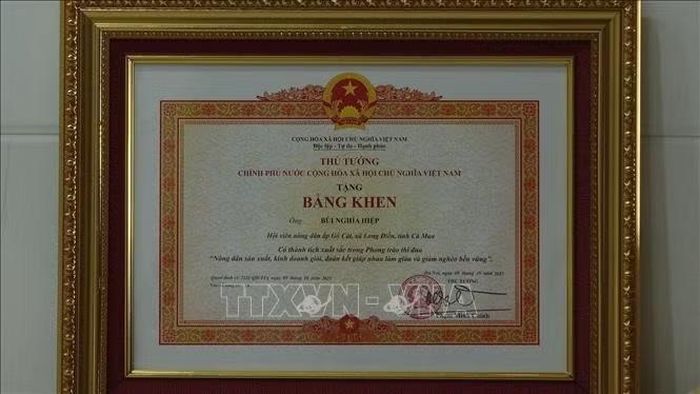 Ông Bùi Nghĩa Hiệp, ngụ ấp Điền Hải, xã Long Điền, tỉnh Cà Mau được Thủ tướng Chính phủ tặng Bằng khen vì đã có thành tích xuất sắc trong phong trào "Nông dân sản xuất, kinh doanh giỏi, đoàn kết giúp nhau làm giàu và giảm nghèo bền vững".